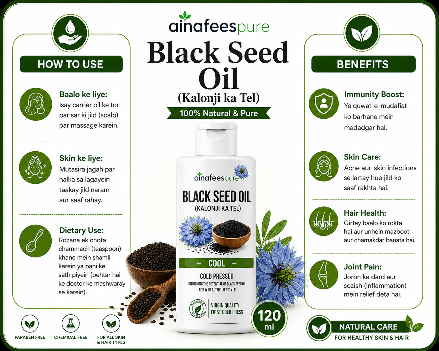 Alnafees Pure Black Seed Oil 120ml  Cold Pressed Virgin Kalonji Oil for Hair, Skin & Immunity 100% Natural & Preservative Free