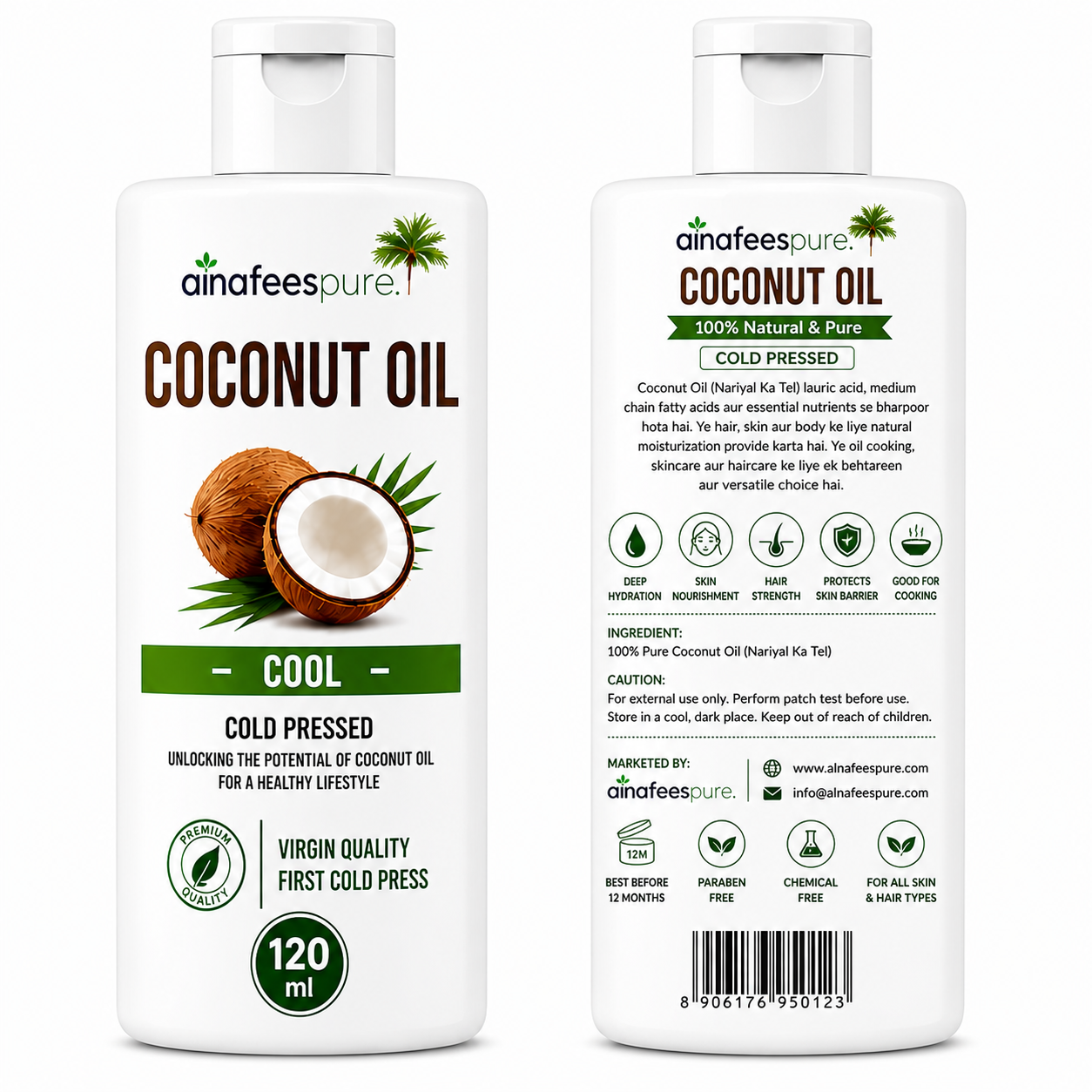 AlnafeesPure Coconut Oil Cold Pressed for Pure DIY Skin and Hair Care 120ml