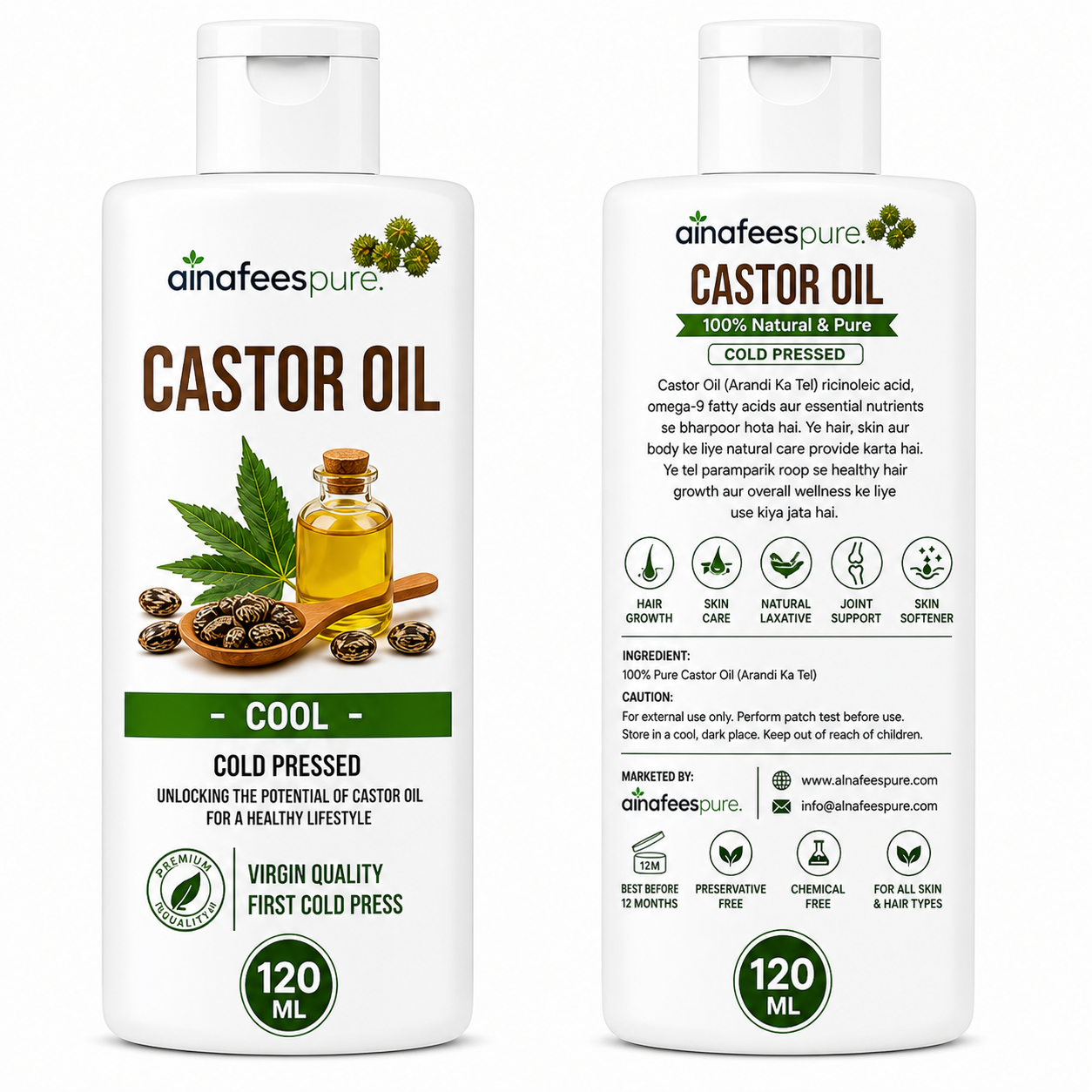 AlnafeesPure Castor Oil - Ideal for DIY Skin and Hair Recipes 100% Pure & Organic 120ml